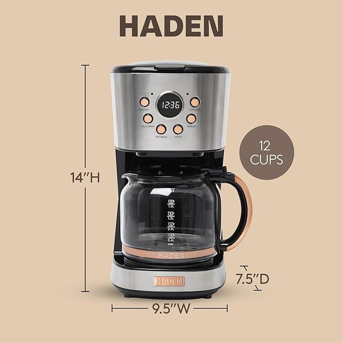 Haden Coffee Machine 12 Cup Programmable Drip Coffee Maker with Auto Shut-Off Function and Reusable Washable Water Filter Steel &amp Copper
