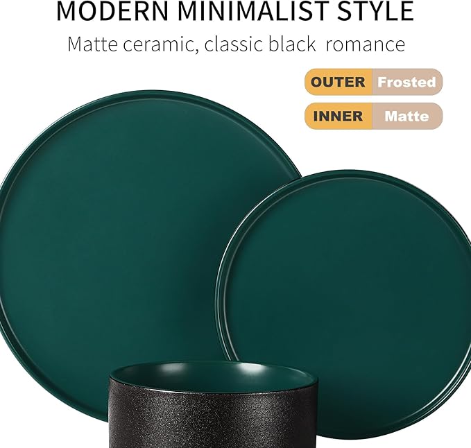 GZG Classic Series - Plates and Bowls Set for 8 24 Piece Stoneware Dinnerware Sets Microwave and Dishwasher Safe Lead-Free Handcrafted Ceramic Dishes Set - Malachite Green