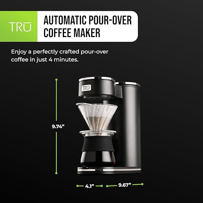 TRU Automatic Pour Over Coffee Maker with Digital Controls - Auto Coffee Maker with Plastic Cone Dripper - Coffee Brewer for Household Use