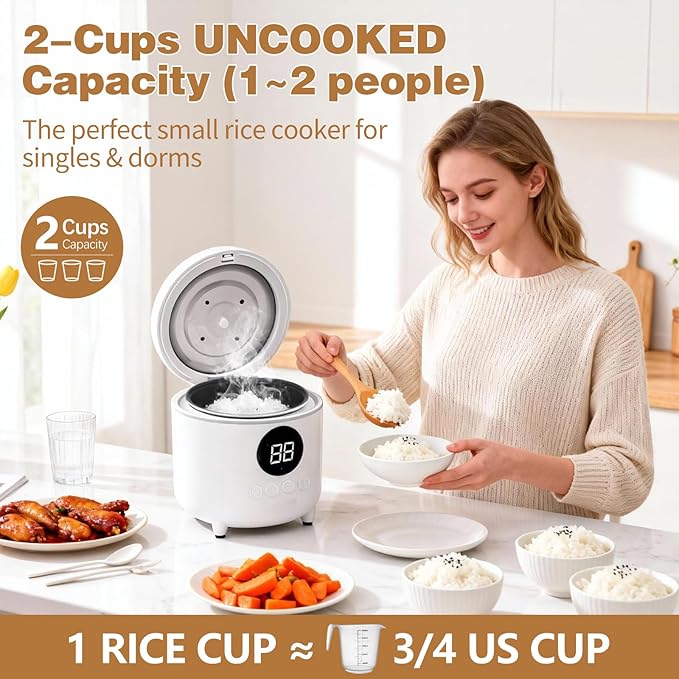 Mini Rice Cooker with timer 2-Cups Uncooked/4-Cups Cooked with Handle 6 Intelligent Cooking Modes for White Rice Quinoa Oatmeal - with Nonstick Inner Pot (White)