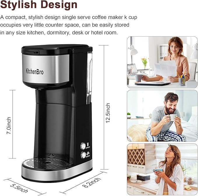 Single Serve Coffee Maker K Cup with Reservoir Space Saver One Cup Coffee Maker 2 In 1 Coffee Maker 6 To 14 Oz Brew SizesFits Travel MugSingle Pod Coffee Maker with Self-Cleaning Function