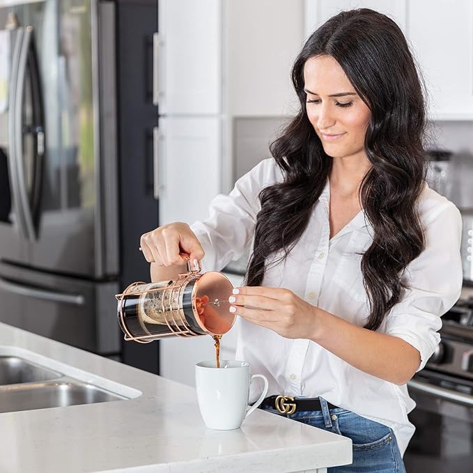 French Press and Tea Maker - 1000ml Coffee Maker Press - Premium Coffee Press with Rose Gold Finish - Thick Glass and Stainless Steel Coffee Brewer - French Press Coffee Maker for Tea Latte Expresso