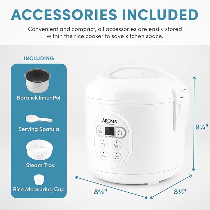 Aroma Housewares 8-Cup (Cooked) (4-Cup UNCOOKED) Digital Rice Cooker and Food Steamer (ARC-914D)White
