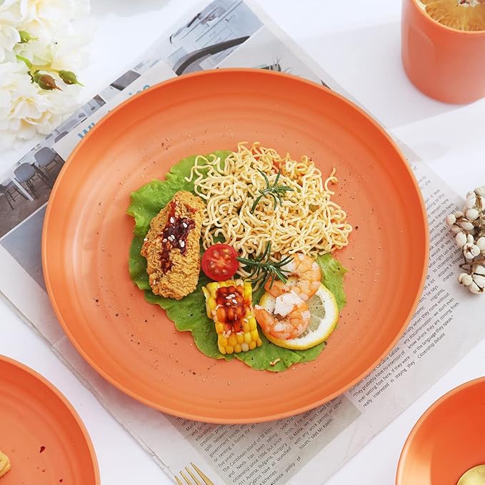 Kyraton Plastic Dinnerware Set of 16 Pieces Unbreakable And Reusable Light Weight Plates Mugs Bowls Dishes Easy to Carry And Clean Microwave Safe BPA Free Dishwasher Safe Service For 4 (Orange)