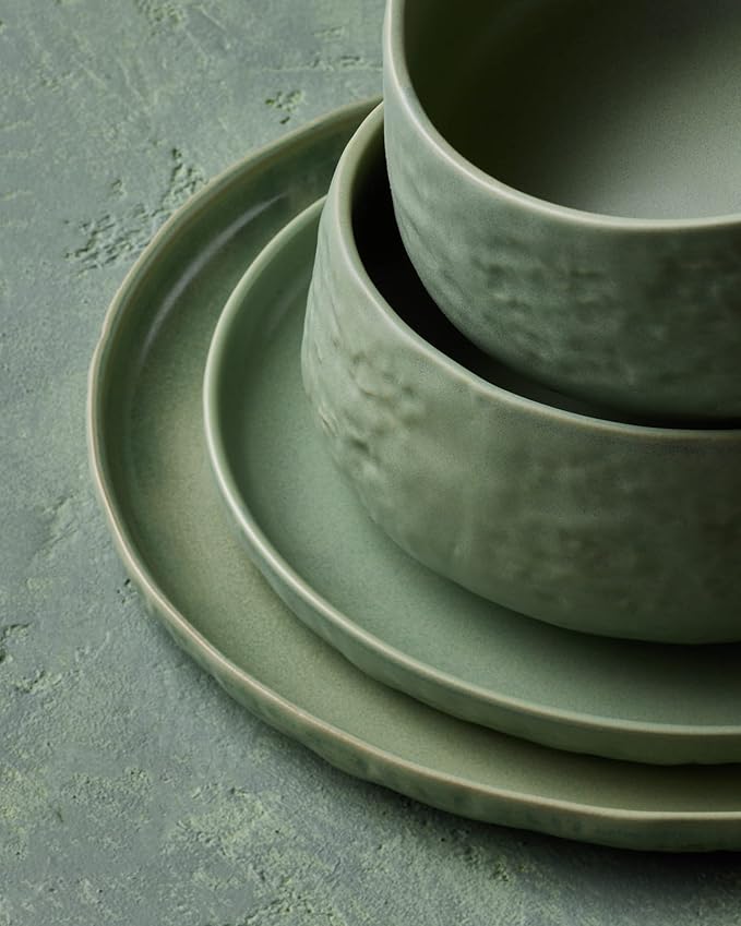 Stone by Mercer Project SHOSAI 16-Piece Stoneware Dinnerware Set Plates and Bowls Set Modern Dishware set fo 4 Sage