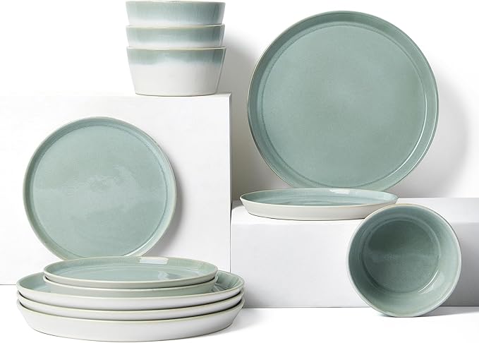 Dinnerware Sets for 4 Ceramic Plates and Bowls Set Modern Artisan Dish Set Microwave &amp Dishwasher Safe Dishware Set Chip &amp Scratch Resistant Dinner Sets Gradient Green
