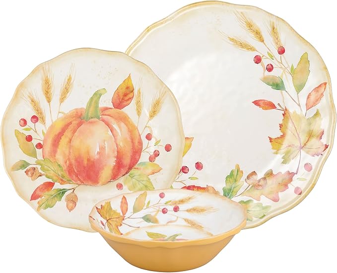UPware 12 Piece Pumpkin Melamine Dinnerware Sets Outdoor Dishes Set Plates and Bowls Sets Autumn Thanksgiving Decorations Service for 4 Orange