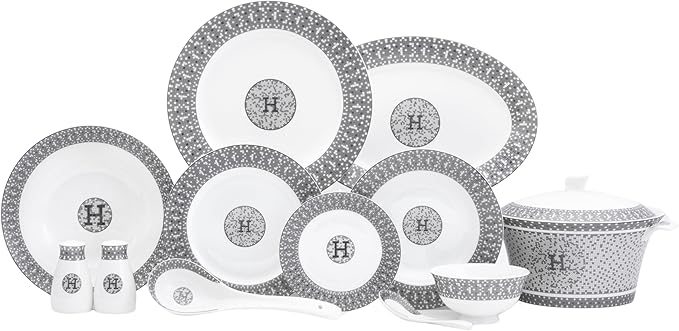 44 Piece Bone China Dinnerware - Gorgeous Set for 6 - Mosaic Design with Silver Detailing - Dining Plates Bowls Tureen and Serving Pieces - For Everyday Dishes or Formal Occasion (44 Piece Set)