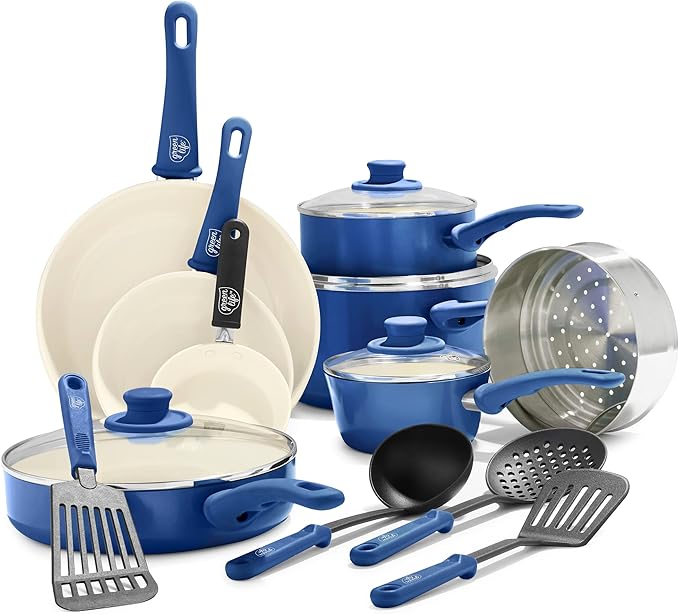 GreenLife Soft Grip Healthy Ceramic Nonstick 16 Piece Cookware Pots and Pans Set Blue &amp Soft Grip Healthy Ceramic Nonstick 7 and 10 Frying Pan Skillet Set PFAS-Free Dishwasher Safe Blue