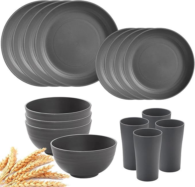 Dinnerware Sets Bowls Minimalist for 4 Matte Round Dinner Plates Unbreakable for RV Outdoor Camping Kitchen Home Party Gray