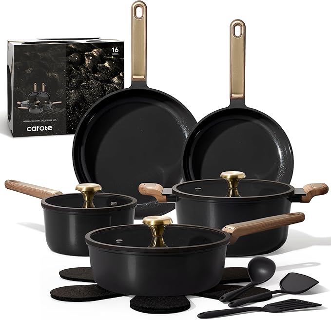 CAROTE Ceramic Cookware Set Nonstick 16pcs Pots and Pans Set Nonstick Non-Toxic &amp PFAS-Free Dishwasher RV/Camping Cookware Set Cooking Pots with Lids Charcoal Black