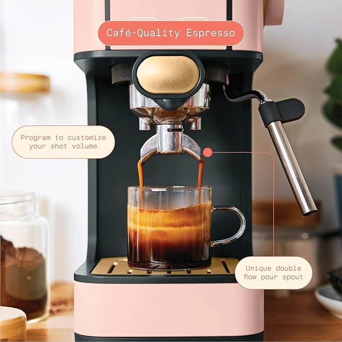 B Slim Espresso Maker by Drew Barrymoree with 20-Bar Pressure Touch-Activated Display and Steam Wand for Latte &amp Cappuccino (Rose)
