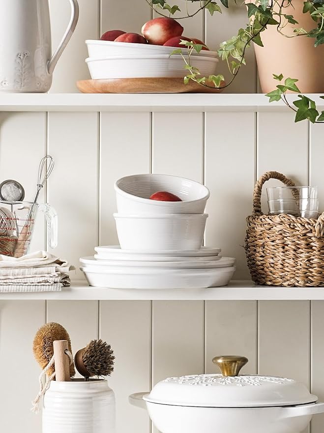 LE TAUCI Dishes Set with Pasta Bowls for 4 Stoneware Dinnerware Set 10 Dinner &amp 8 Salad Plates 6 Bowls 8.5 Pasta (30 oz) Stackable Microwave &amp Dishwasher Safe Ceramic 16-Piece Whit