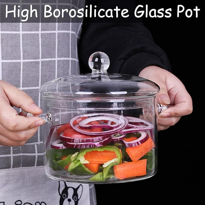 Glass Cooking Saucepan with Handle 1.3L 1.5L 2L Heat Resistant Glass Pot and Pan with Lid Clear Glass Cooking Pot Cookware Set for Pasta Noodle Soup and Food2000ML