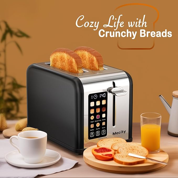 Mecity 2 Slice Touch Screen Toaster 1.5 Wide Slot Stainless Steel Smart Toaster for Bagels Muffins Waffles Gluten-Free Breads Defrost Reheat Timer 120V 825W Matt Black
