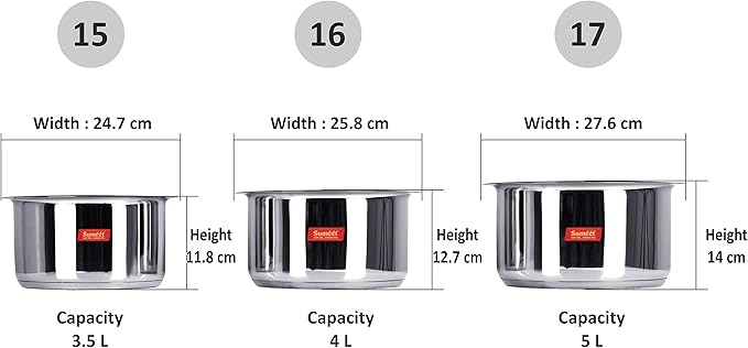 Sumeet Stainless Steel Tope Set 3.5 4 5 Liter 3 Piece (Steel Mirror Finish)