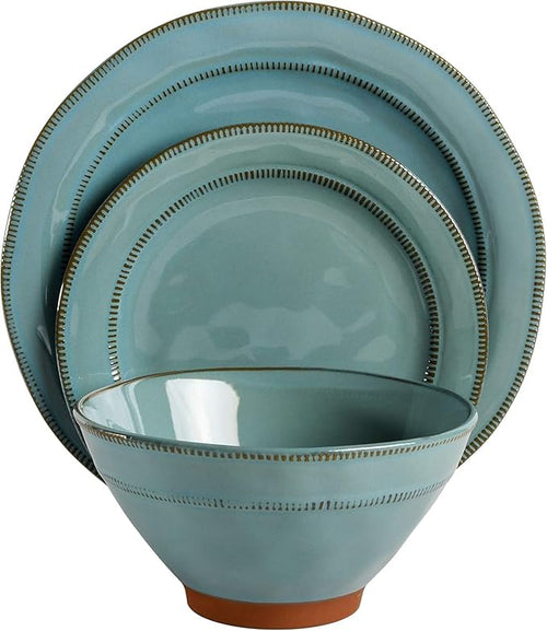 12-Piece Terracotta &amp Stoneware Dinnerware Set – Hand-Painted Artisanal Plates &amp Bowls Reactive Glaze Finish Dishwasher &amp Microwave Safe (Teal)
