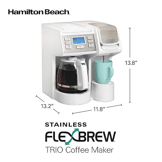 Hamilton Beach FlexBrew Trio 2-Way Coffee Maker Compatible with K-Cup Pods or Grounds Combo Single Serve &amp Full 12 Cup Coffee Pot White Fast Brewing Removeable Reservoir