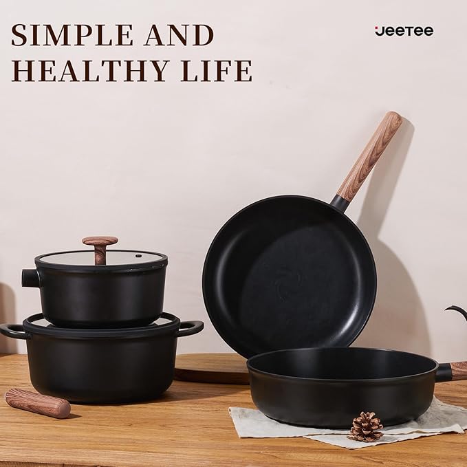 JEETEE Ceramic Cookware Set 13 Pcs Pots and Pans Set Nonstick with Rotation Removable Handles Healthy Non-Toxic Cooking Set for All Stoves Stackable Pots Pans Oven Safe PFOA/PFOS Free Black