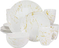 Unknown1 Fine Marble 16 Piece Stoneware Dinnerware Set in Gold and White Solid Modern Contemporary Round Microwave Safe 130 h x 65 h x 55 h