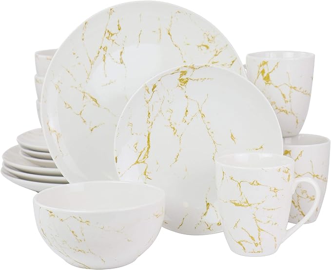 Unknown1 Fine Marble 16 Piece Stoneware Dinnerware Set in Gold and White Solid Modern Contemporary Round Microwave Safe 130 h x 65 h x 55 h
