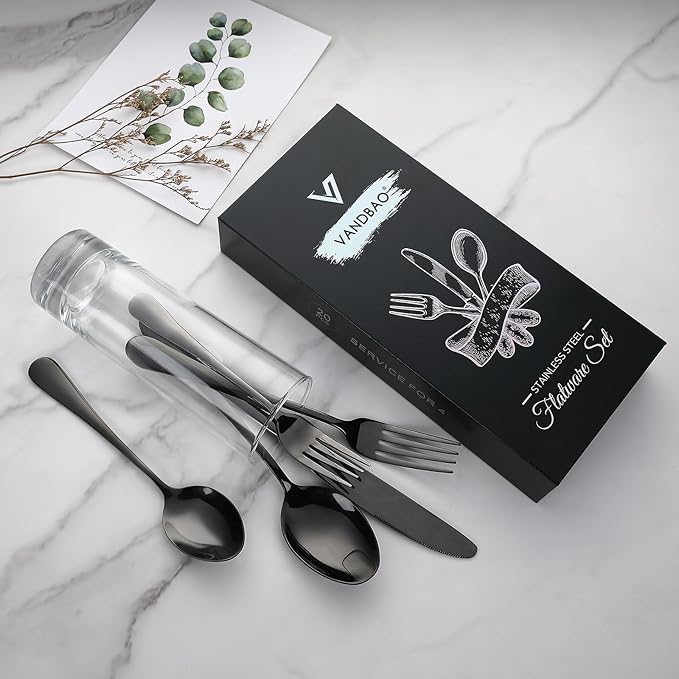 VANDBAO Black Flatware Cutlery Silverware Set 20 Pieces Stainless Steel Colorful Utensils Tableware Set Service for 4 Include Knife/Fork/Spoon Reusable Mirror Polished Dishwasher Safe