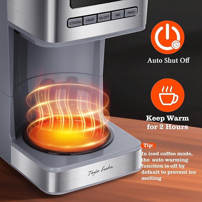 Taylor Swoden Programmable Coffee Makers 12 Cup Hot and Iced Coffee Maker 4 Brew Strength LED Display 24H Timer Keep Warm&ampAuto Shutoff- Drip Coffee Machine for Home/Office Gray &amp Stainle