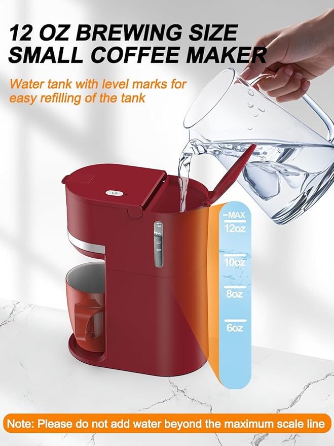 Single Serve Coffee Maker for K-Cup and Ground Coffee Fast Brew 6-12 oz Brew Sizes One Cup Coffee Machine Fits 5.5 Mugs One-Button Small Coffee Maker with Descaling Reminder Red