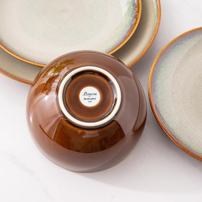 Ceramic Dinnerware Sets30-Piece Plates and BowlsHandmade Reactive Glaze Dishes SetChip Resistant and Scratch Resistant | Oven Dishwasher &amp Microwave SafeService for 6-Kahki
