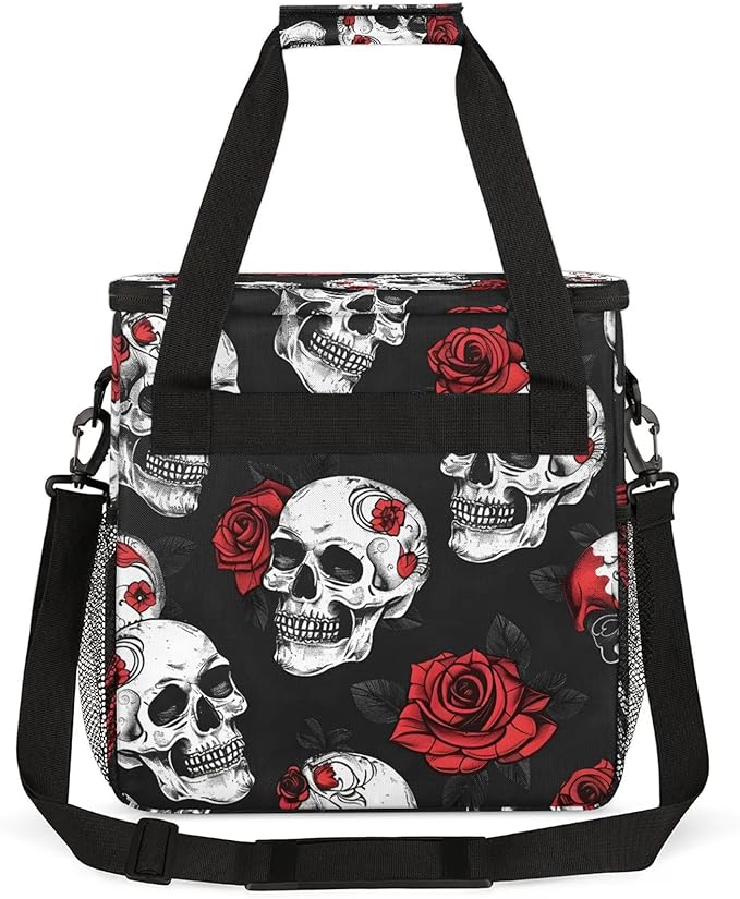 Skull Rose Flower Travel Coffee Maker Carrying Bag Large Organizer Storage Tote Bag Insulated Reusable Cooler Grocery Bags