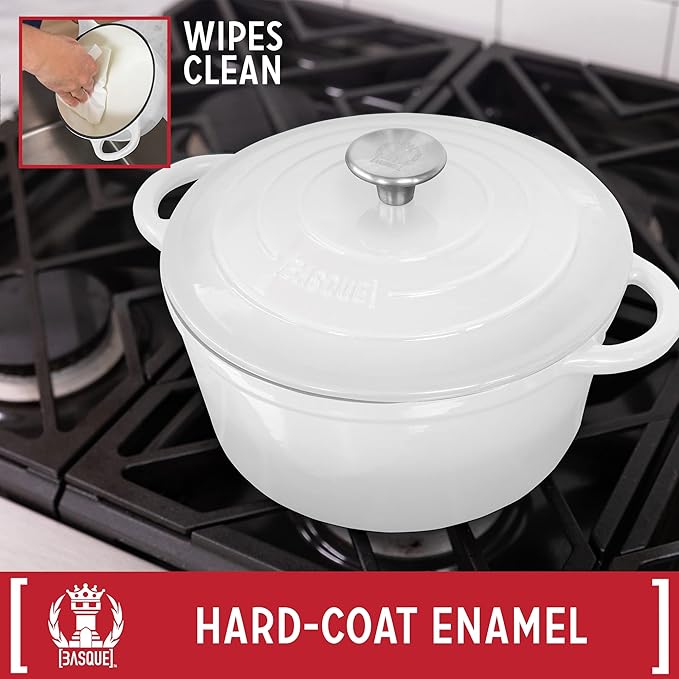 Basque Enameled Cast Iron Cookware Set (Blanc White) 7-Piece Set Nonstick Oversized Handles Oven Safe 10.25 Skillet 2QT Saucepan 2.25QT Small Dutch Oven 4.75QT Large Dutch Oven