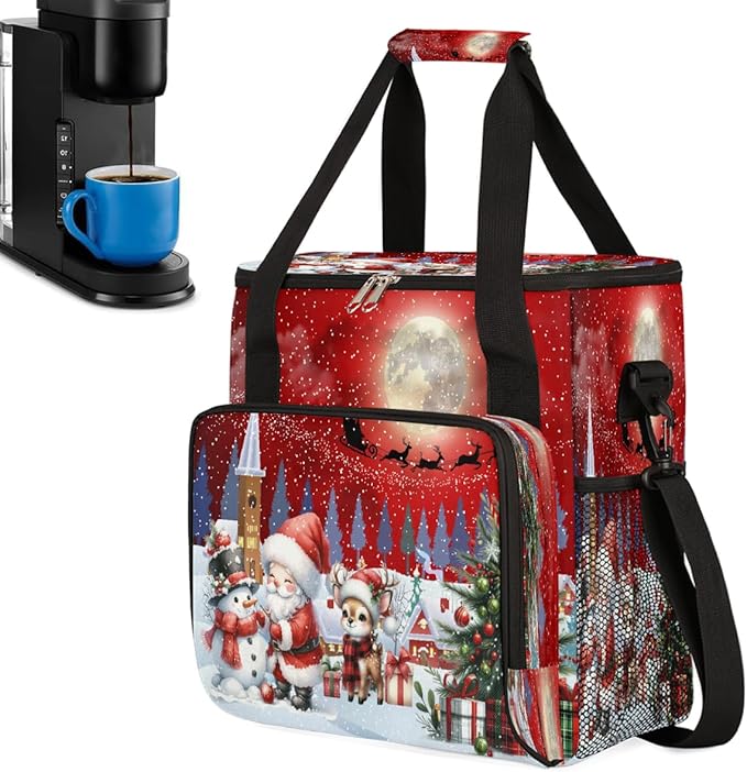 Merry Christmas Snow Scene Santa Coffee Maker Carring Bag Travel Carrying Storage Tote Bag Compatible with Keurig K-Mini or K-Mini Plus Portable Single Serve Coffee Brewer Case with Pockets