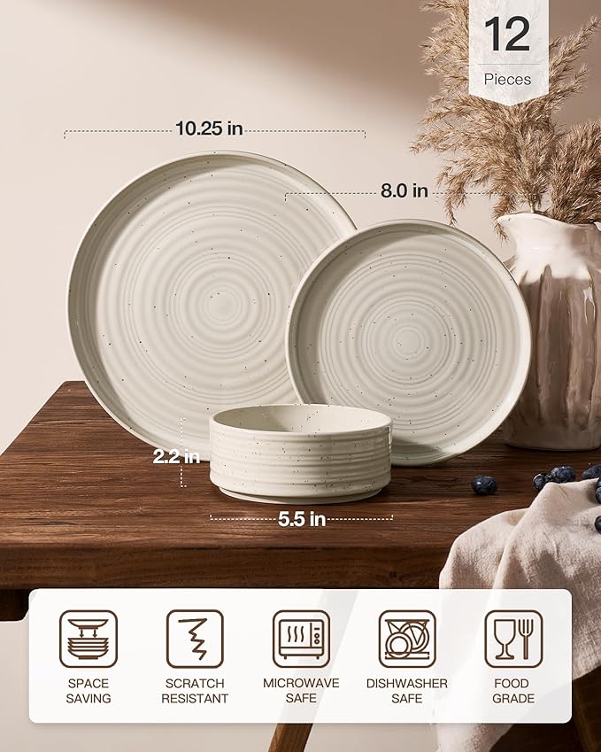 Stoneware Dinnerware Sets Plate and Bowl Sets for 4 12 Pieces Spiral Straight Dishware with Speckles and Reactive Glaze Microwave Dishwasher Safe Family Tableware Shell Beige