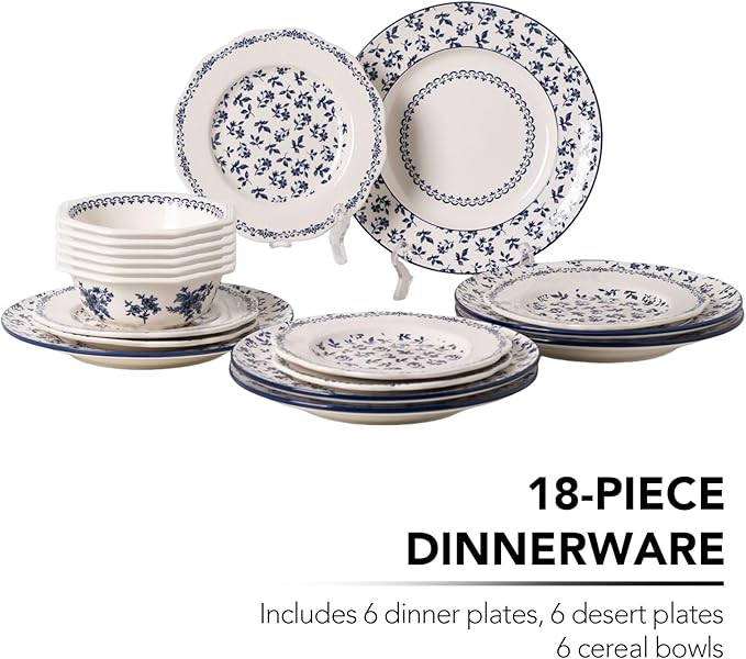 Dinnerware Set Blue Manor 18-Piece Ceramic Dishware Set Underglaze Floral Pattern Premium Porcelain Dish Set for 6 Includes Plates &amp Bowls Dishwasher Safe