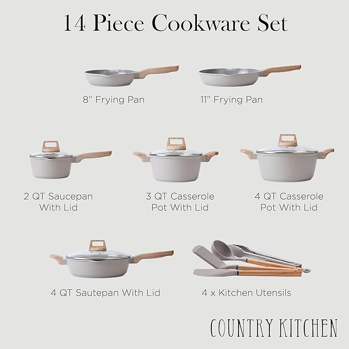 Country Kitchen Pots and Pans Set Nonstick Cast Aluminum Kitchen Cookware Set with Utensils 14 Pcs Non Stick Cooking Set w/Frying Pans &amp Saucepans Grey