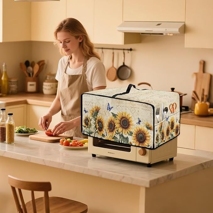 Doojoayie Butterfly &amp Sunflower Toaster Cover 8 Slice Kitchen Appliance Covers 22.5x18.5x 13 Small Appliance Dust Protector with Top Handle Belt Easy to Storange
