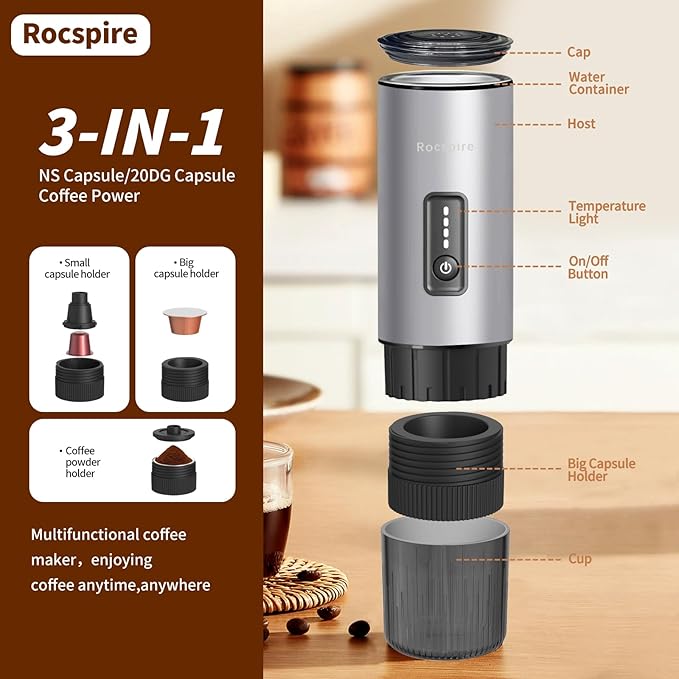 Portable Espresso Maker with Stainless Steel Body | 7500mAh Rechargeable Battery | 20 Bar Self-Heating with USB-C | Works with Most Capsules Compatible for Camping Travel Outdoor (Silvery)