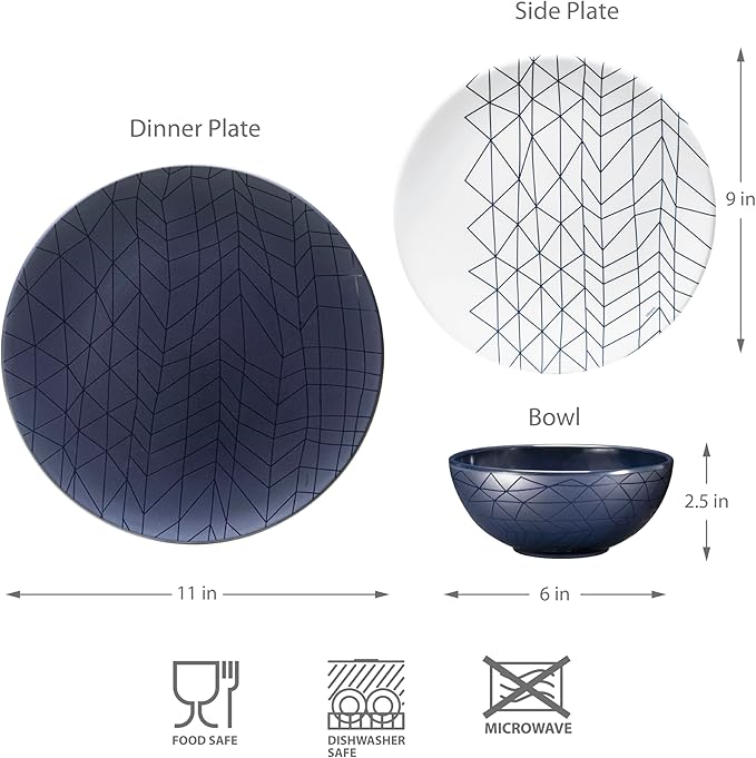 bzyoo 12 Piece Melamine Dinnerware Set - Durable Dishwasher Safe Plates and Bowls - Dinning Parties Camping Dish Set Spidy Blue Collection