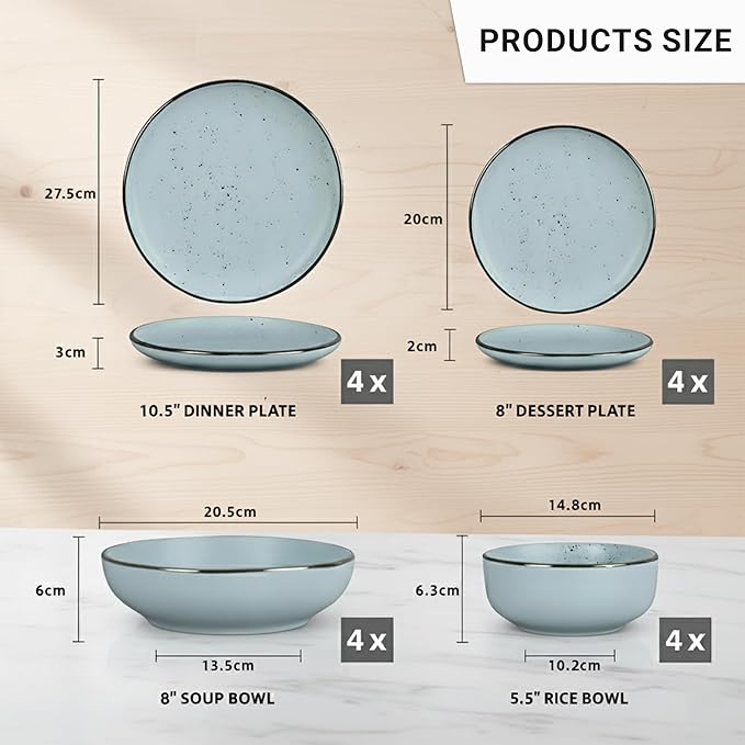 Dinner Set 16 PCS – Premium Ceramic Tableware in Blue – Includes 4 Dinner Plates 4 Side Plates 4 Rice Bowls &amp 4 Soup Bowls – Durable Stylish &amp Microwave Safe