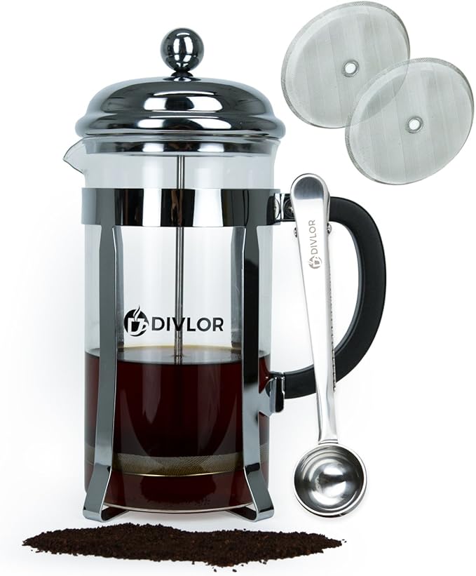 French Press Coffee Maker - 34 Ounce 8 Cups Clip Spoon and 2 Bonus Filter Included By Divlor