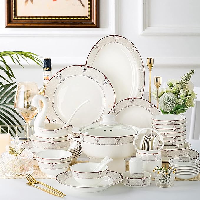 Sushi Set White Bone China and Gold Trim Cutlery Set with Dinner Plates Dessert Plates Soup Plates Saucers for Gifts Wedding Hotel 60 Piece