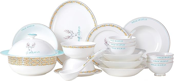 36 Pcs Fine Bone China Dinnerware Set Porcelain &amp Ceramic Dinnerware Sets Bone Stoneware &amp Ceramic Cookware Tableware Set Includes Dinner Plates|Spoons|Pasta Bowls|Soup Pot|Chopsticks