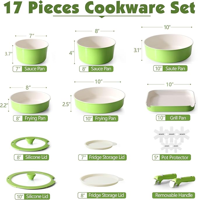 SENSARTE 17 Piece Ceramic Pots and Pans Set Nonstick Detachable Handle Cookware Induction Kitchen Cookware Set with Removable Handle Dishwasher ＆ Oven Safe (Green)