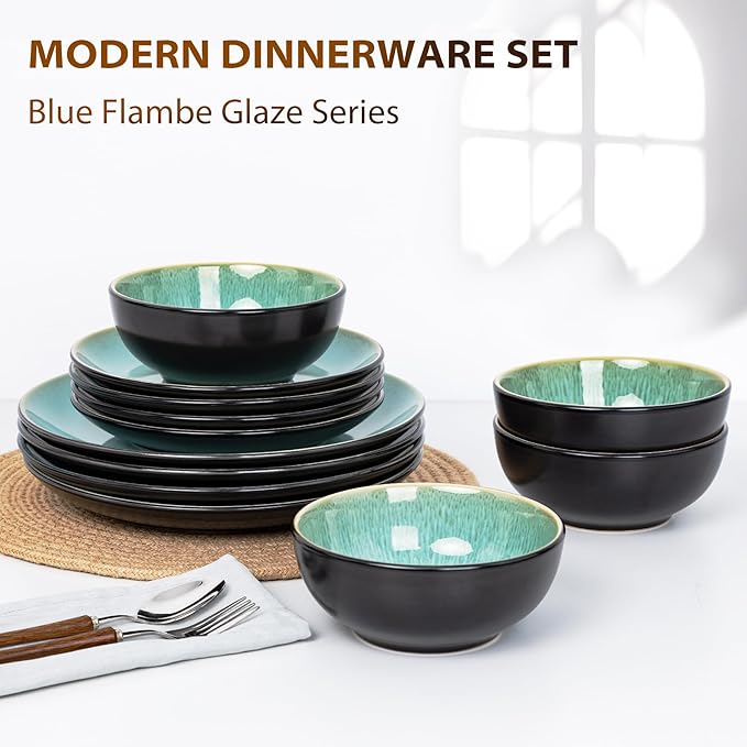 Plates and Bowls Sets for 4 - CJDC-QUELO 16-Piece Stoneware Dinnerware Sets Ceramic Dishware Set for Kitchen Use and Formal Dining Chip and Scratch Resistant Microwave Dishwasher Safe Green