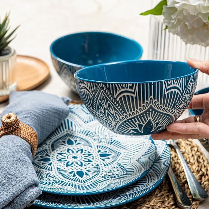 Bzyoo 12-Piece Ceramic Dinnerware Set: La La Mandala Blue Dish Set Design for Every Occasion - Microwave &amp Dishwasher Safe Stackable Plates Bowls