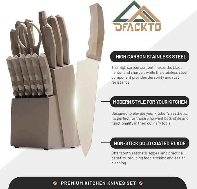 DFACKTO 15 Piece Desert Gold Knife Set with Block Sharpener and Kitchen Shears Sharp Full-Tang High-Carbon Stainless Steel Blades Non-Slip Composite Handle Kitchen Essentials Chef Knives