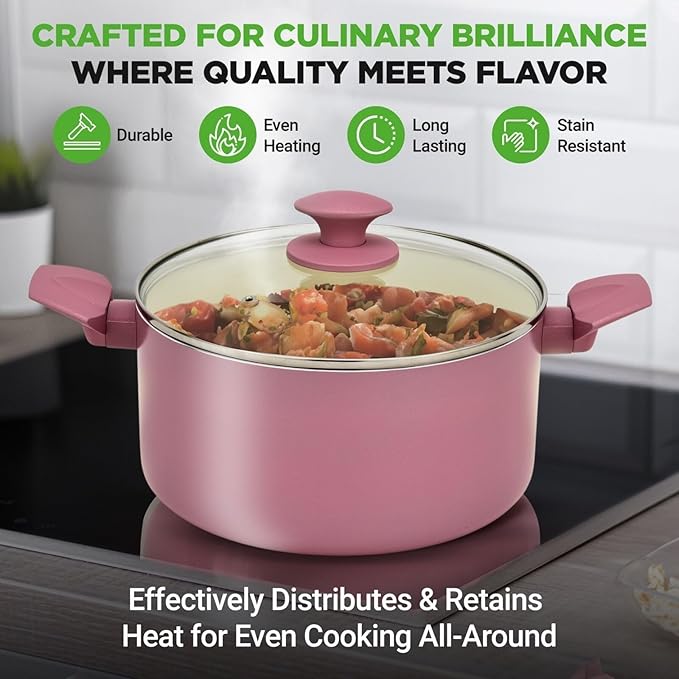 54-Piece Kitchen Cookware Set – Complete Non-Stick Ceramic Pots and Pans Set with Utensils Bakeware and Knife Set Gas Electric &amp Induction Compatible Blush Pink Kitchen Essentials