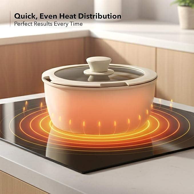 OVENTE 5Pcs Ceramic Pots and Pans Set Non Stick Induction Cookware with Lid Detachable Handle Non-toxic Kitchen Sauce Pots for Home or RV PFOA Free Stackable and Dishwasher Safe Cream CWAD01005C