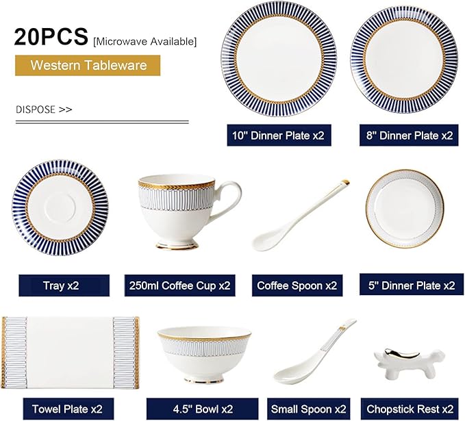 20 Piece Bone China Dinnerware Porcelain Dinnerware Set Lightweight Plate and Bowl Set for 2 Dinner Set Tableware Set Best for Kitchen Indoor Outdoor Party Microwave Safe