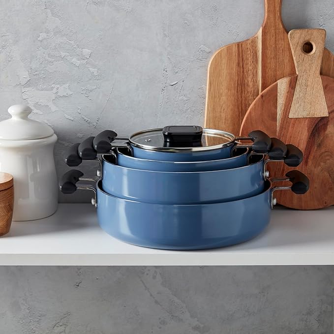 Denmark Tools for Cooks 7 Piece Ceramic Nonstick Aluminum Nesting Cookware Set Pots Pans Blue